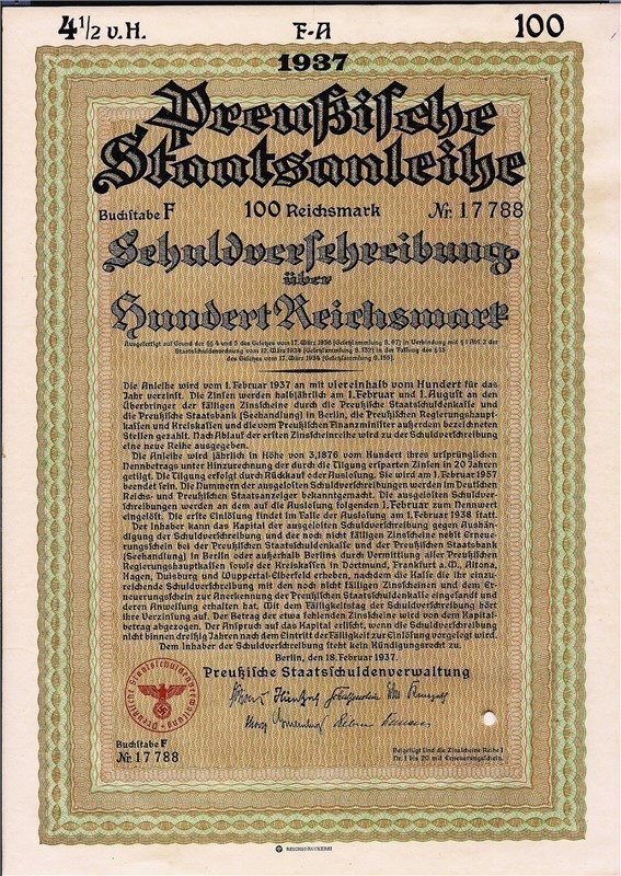 German loan, Land of Prussia 100 Reichsmarks bond 1937 with red swastika-img-0