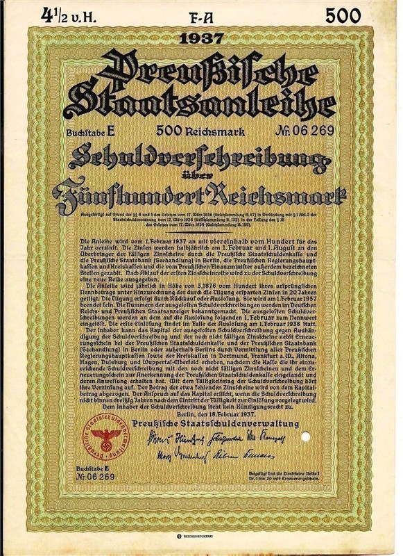 Germany. State of Prussia 500 Reichsmarks bond 1937 swastika WWII-img-0