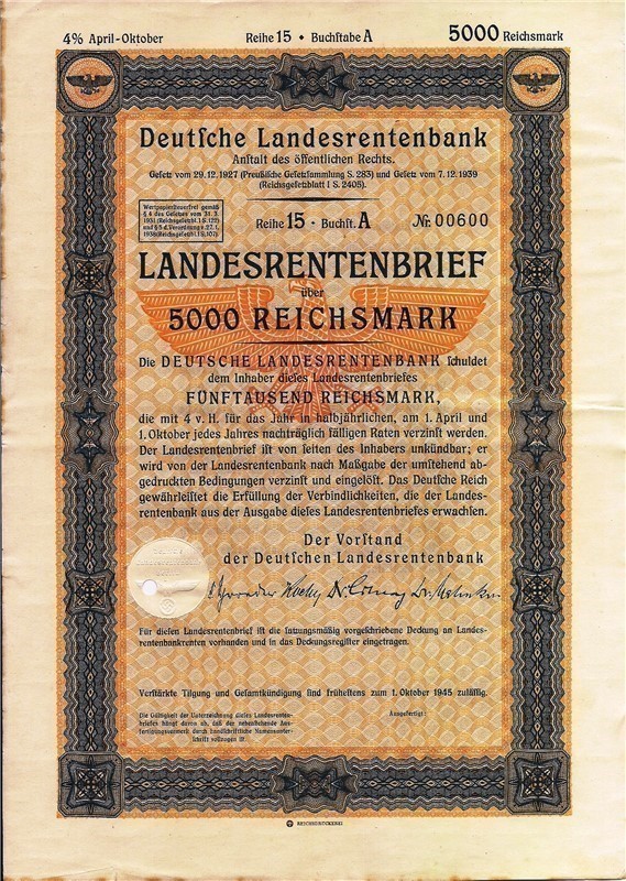 German State Mortgage 5000 RM Bond 1944 BATTLE OF THE BULGE WWII-img-2