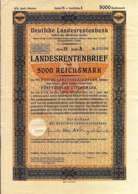 German State Mortgage 5000 RM Bond 1944 BATTLE OF THE BULGE WWII-img-0