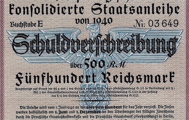 German 500 Reichsmarks bond, Prussia 1940 swastika, WWII-img-1