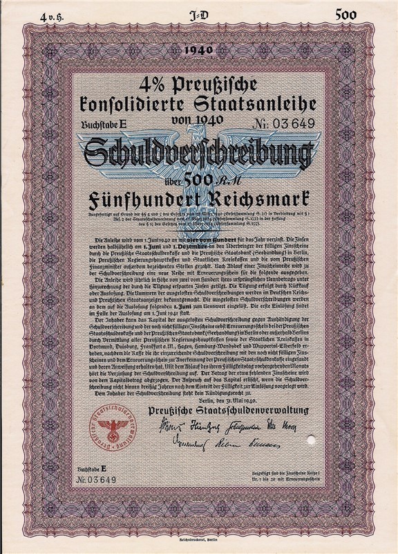 German 500 Reichsmarks bond, Prussia 1940 swastika, WWII-img-0