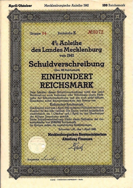  Land of Mecklenburg 100 Reichsmark GERMAN bond with swastika 1942 WWII-img-0