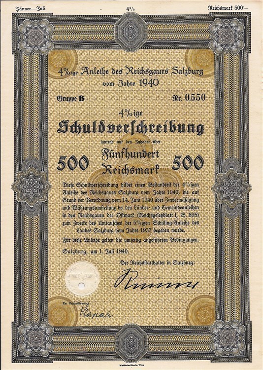 Austria, 500 Reichsmarks bond 1940 with swastika WWII-img-0