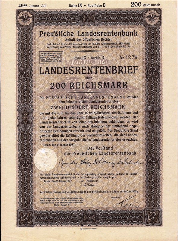 Germany Pension Fund. 200 Reichsmarks bond with swastika 1937-img-0
