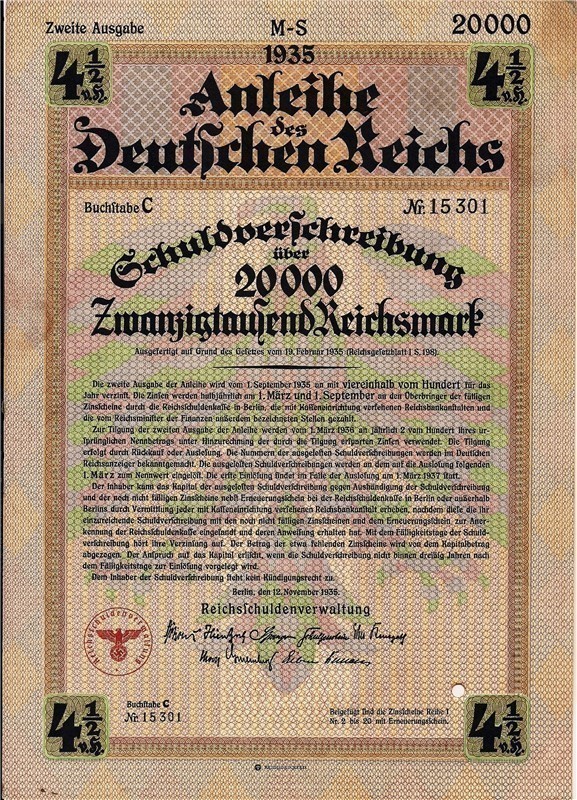 German State bond.  20,000 RM Loan 1935 with swastika-img-0