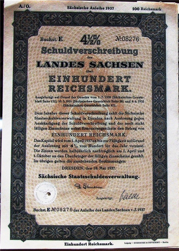 German Land of Saxony 100 Reichsmarks bond 1937 swastika-img-0
