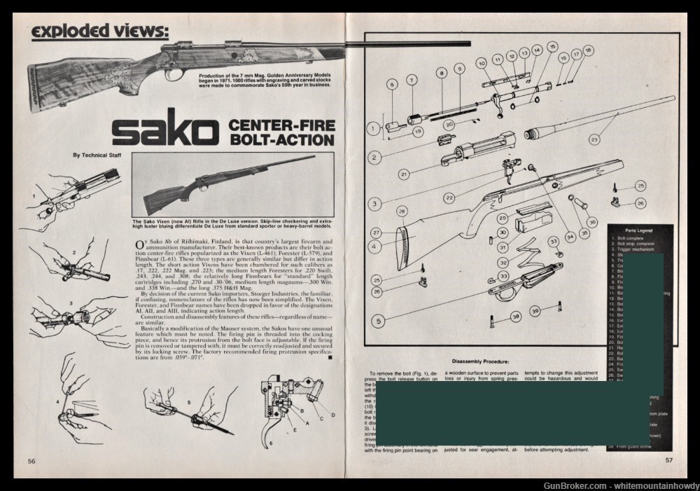 1979 SAKO Center-Fire Bolt Act. Rifle Exploded Parts List Assembly Article-img-0