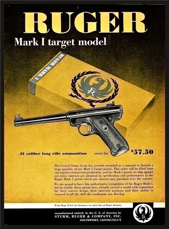 1956 RUGER Mark I .22 Target Pistol AD Collectible Advertising-img-0