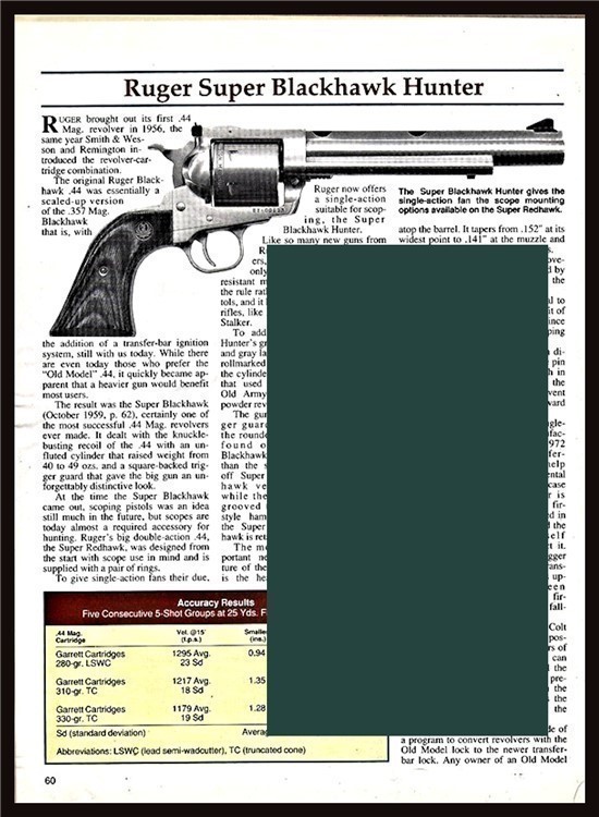 1992 RUGER Super Blackhawk Hunter Revolver 2-page Evaluation Article-img-0