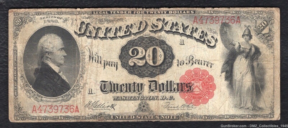 1880 $20 US Note Antique Money Currency w/ Hamilton-img-0