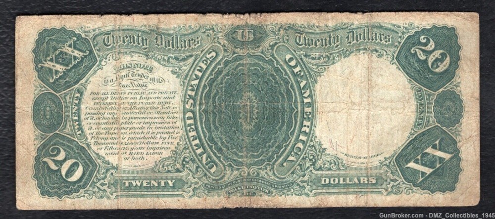 1880 $20 US Note Antique Money Currency w/ Hamilton-img-1