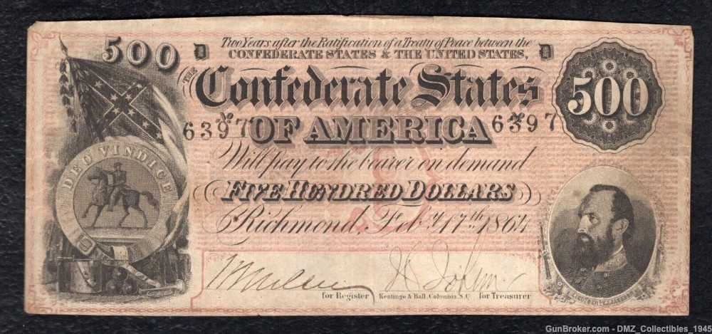 Civil War CSA Confederate $500 Note Currency Money w/ Stonewall Jackson-img-0
