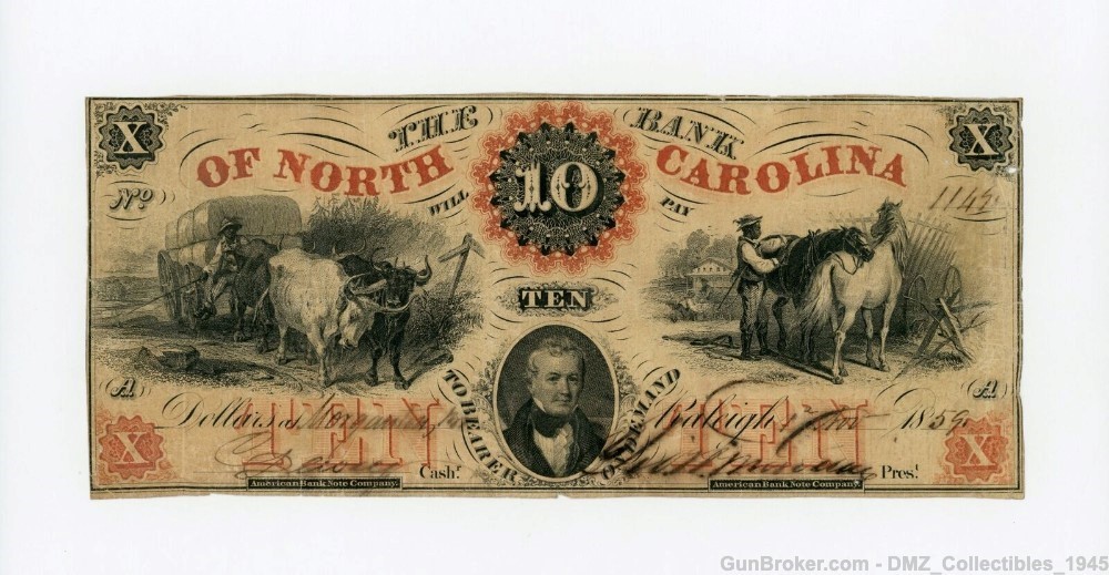 Pre Civil War Era $10 North Carolina Bank Note Money Currency-img-0