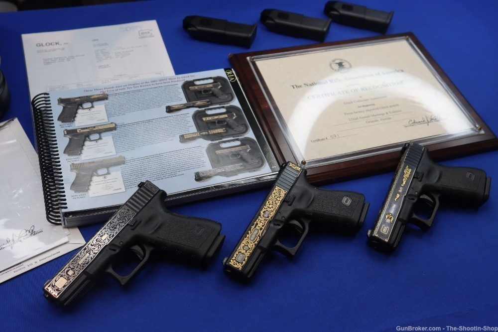 #1 of 10 Sets ELP Factory Engraved & Gold Inlaid Glock Model G19 Pistol Set-img-1