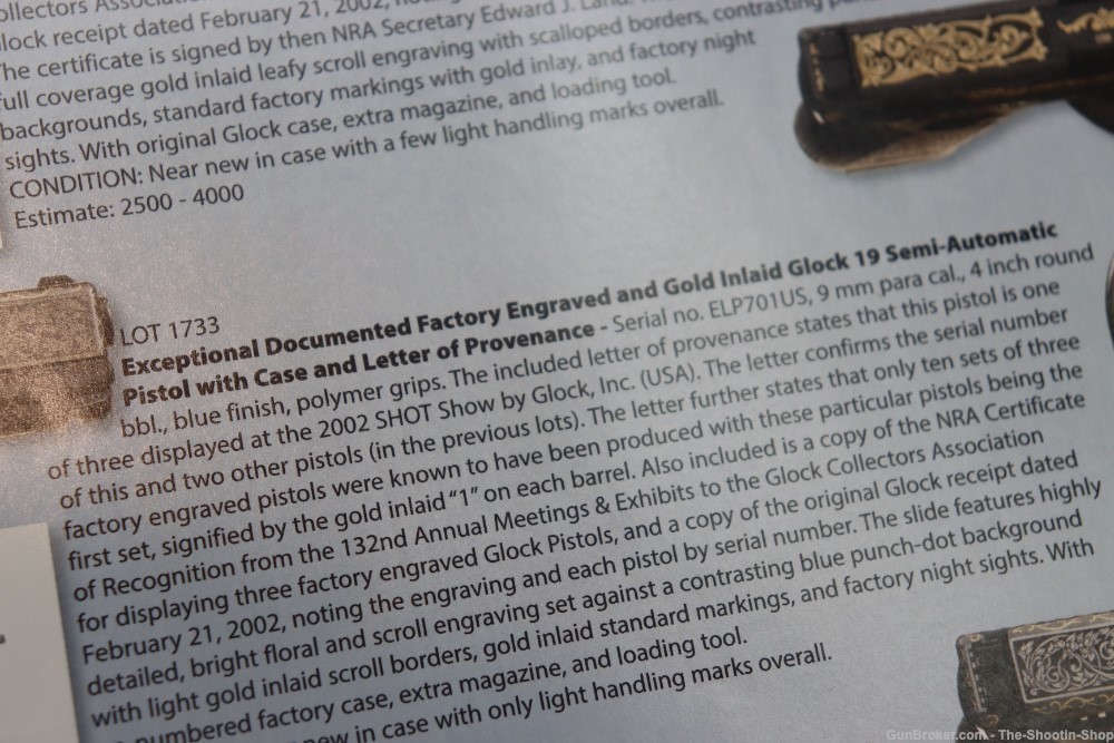#1 of 10 Sets ELP Factory Engraved & Gold Inlaid Glock Model G19 Pistol Set-img-98