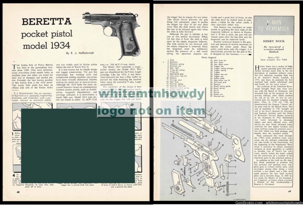 BERETTA 1934 Pocket Pistol Schematic Parts List Assembly Article-img-0