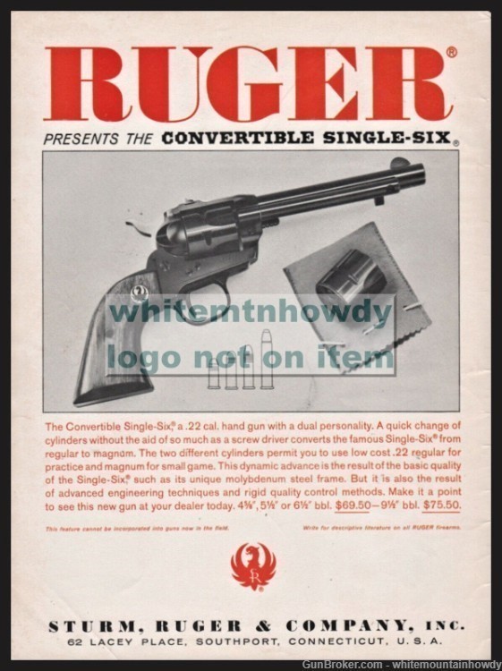 1962 RUGER Convertible Single-Six Revolver Original PRINT AD-img-0
