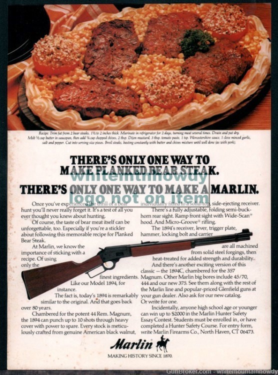 1980 MARLIN 1894 Lever Action Rifle PRINT AD Planked Bear Steak Recipe-img-0