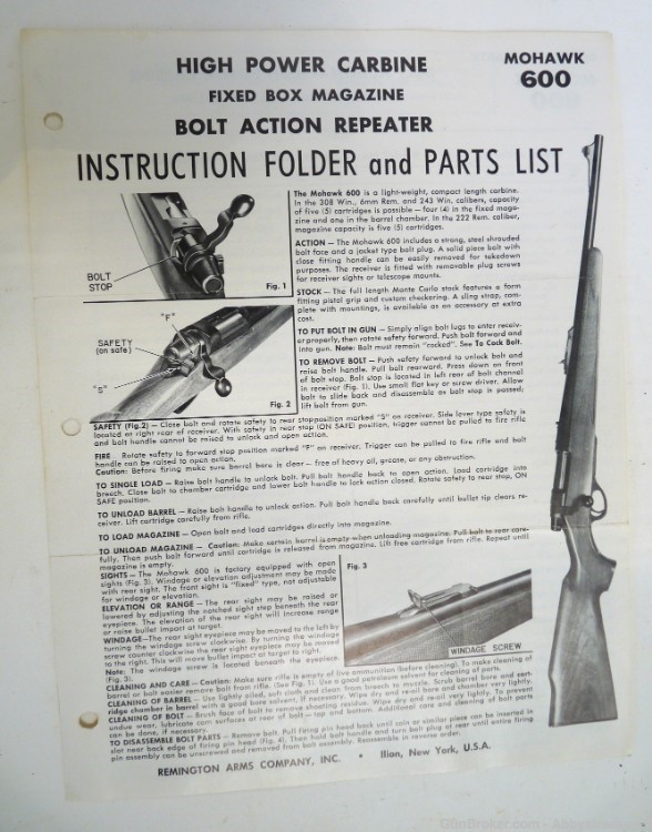 Remington Mohawk 600 High power carbine instruction folder parts list -img-0