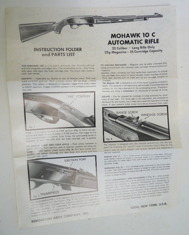 Remington Mohawk 10 C Auto Rifle factory instruction folder parts list-img-0