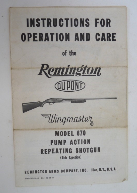 Remington 870 pump action Rep shotgun care owners guide brochures-img-0