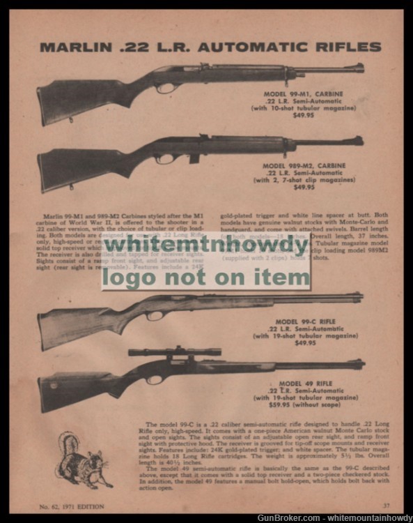 1971 MARLIN 99-M1 989-M2 Carbine, 99-C 49 Rifle PRINT AD-img-0