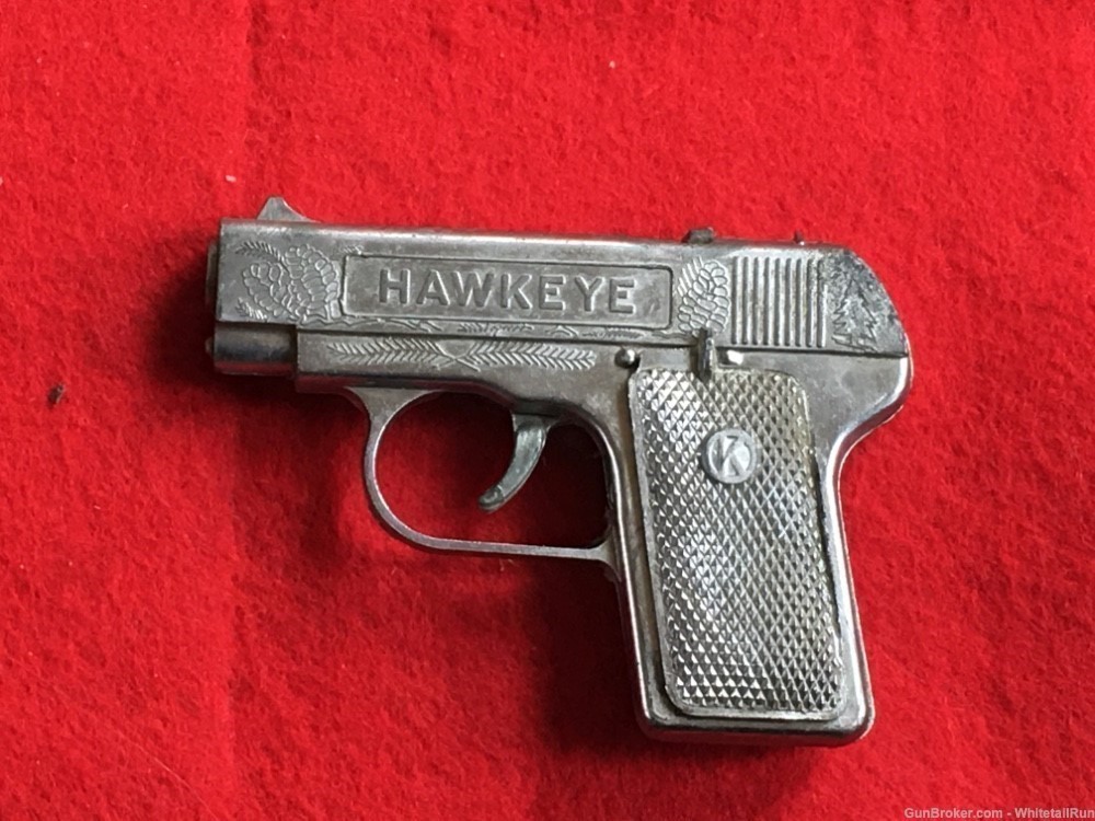 VINTAGE HAWKEYE TOY METAL ANTIQUE PISTOL WITH PINECONES-USA MADE-USED-img-0