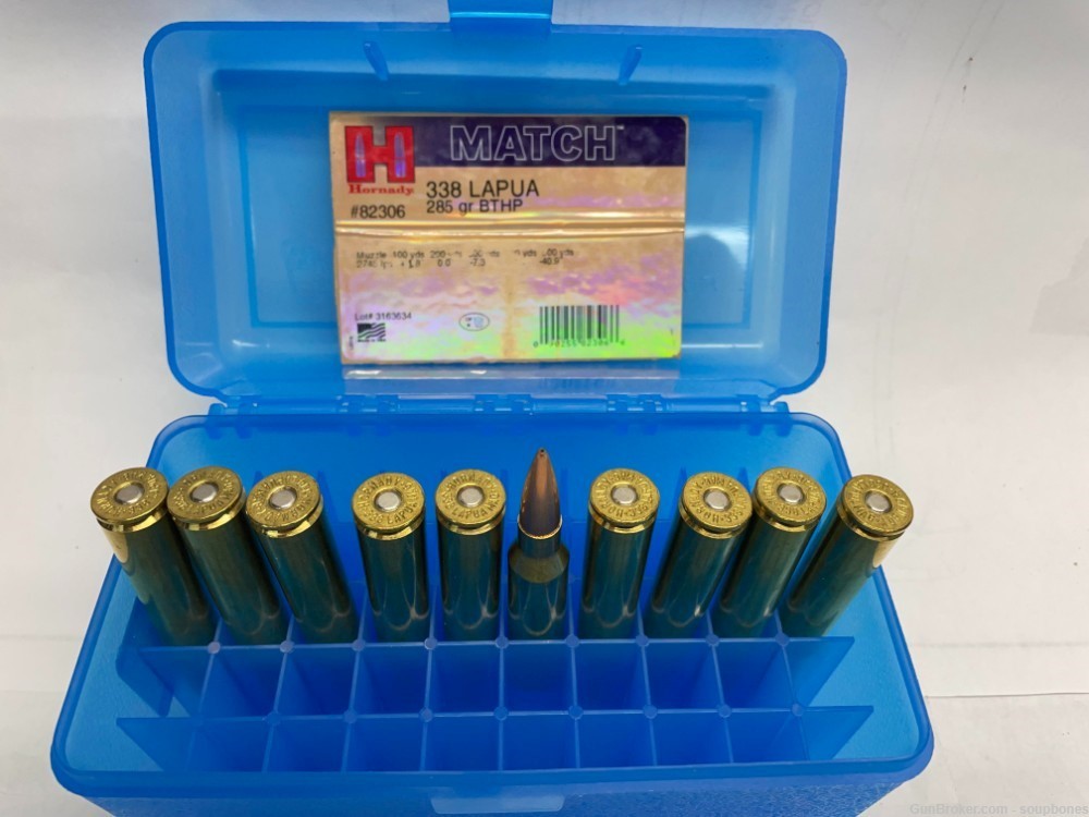 Hornady 338 Lapua Magnum 285gr BTHP  Match Ammo   10 Rounds + 10  Brass-img-0
