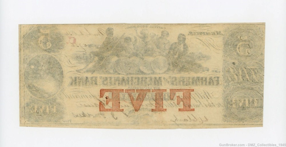 1850s $5 Tennessee Bank Note Antique Money Currency-img-1