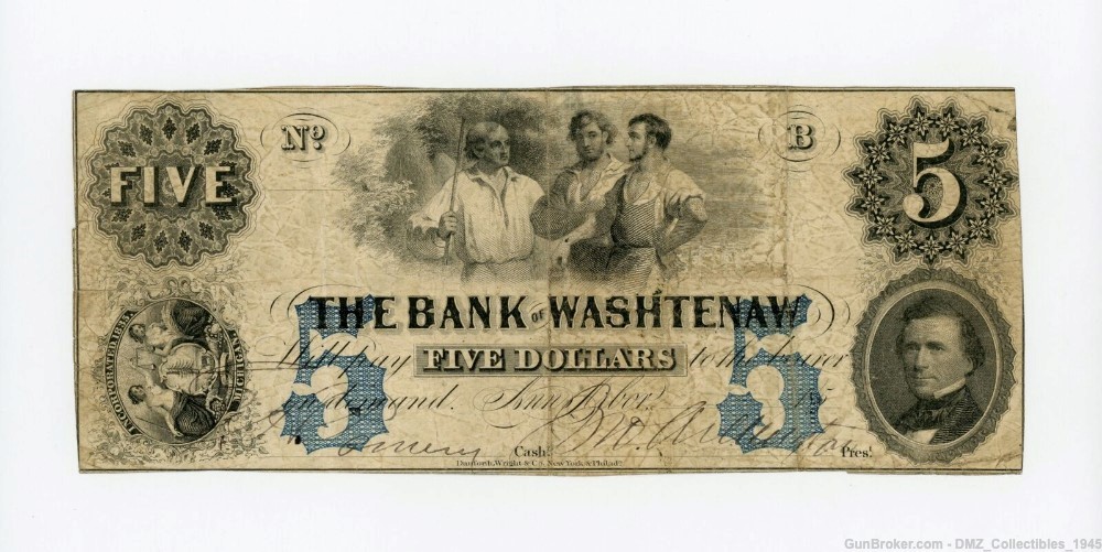 1850s $5 Dollar Michigan Bank Note Money Antique Currency-img-0