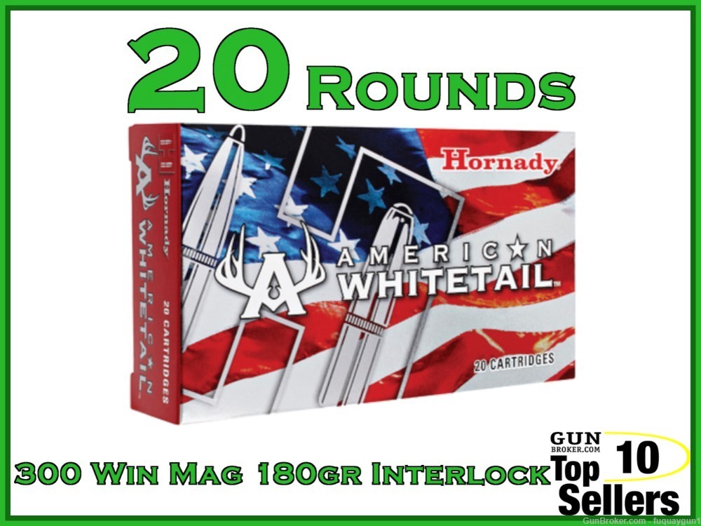 Hornady American Whitetail 300 Win Mag 180 gr InterLock Ammo 82044 20rd Box-img-0