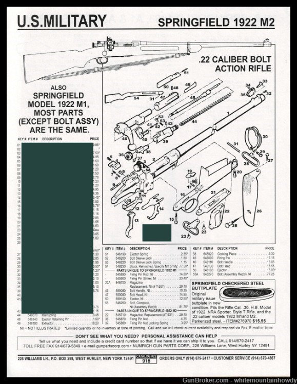 1999 U.S. SPRINGFIELD Model 1922M2 .22 Rifle Schematic Parts List AD-img-0