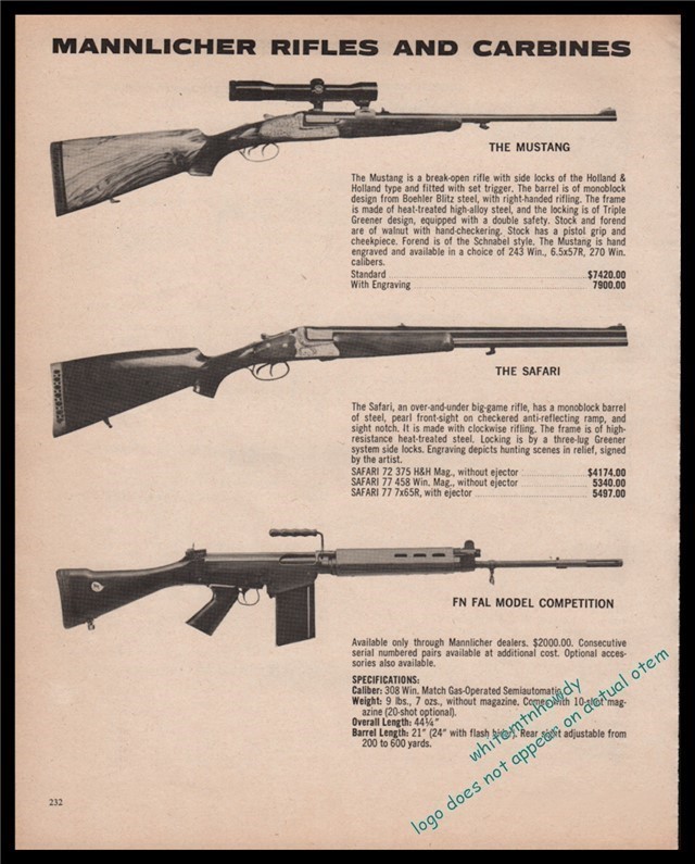 1980 MANNLICHER Mustang, Safari Rifle PRINT AD w/FN FAL-img-0