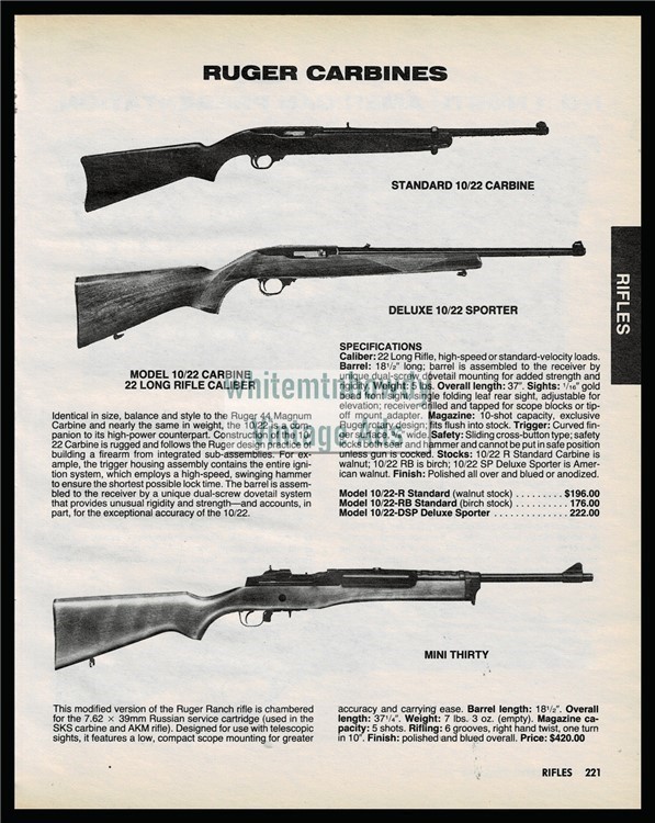 1988  RUGER 10/22 Carbine, Deluxe Sporter and Mini Thirty Vintage PRINT AD-img-0