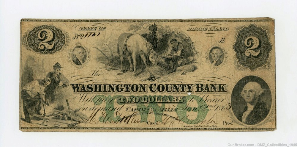 Civil War $2 Rhode Island Bank Note Currency Money -img-0