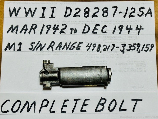 WWII M1 GARAND rifle bolt MAR 1942 - DEC 1944 VG CONDITION-img-0