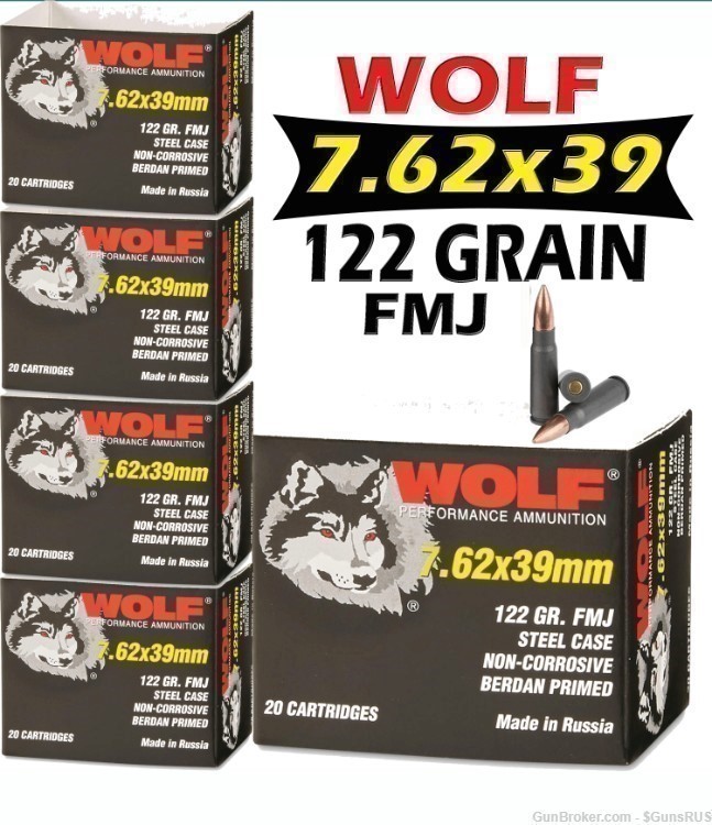 7.62x39 122 Grain FMJ WOLF Performance AK47 SKS Ammo 7.62x39 100 Rounds-img-0
