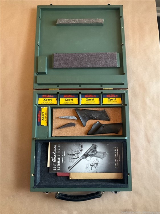 Vintage colt Woodsman box w/ manuals, ammo & grips-img-0