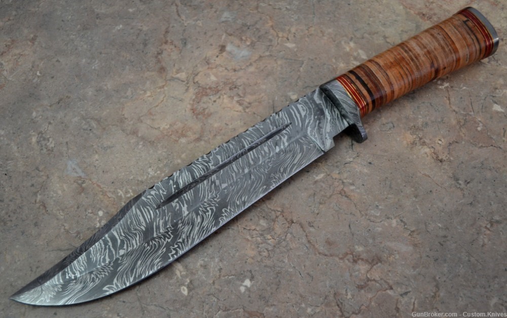 Custom Made Damascus Steel Hunting Bowie Knife with Leather Handle(BK 4064)-img-2