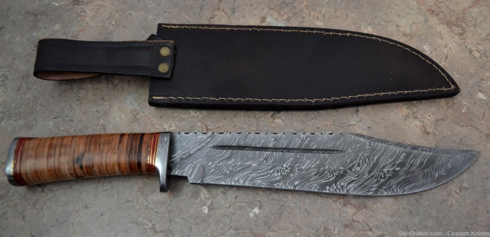 Custom Made Damascus Steel Hunting Bowie Knife with Leather Handle(BK 4064)-img-1