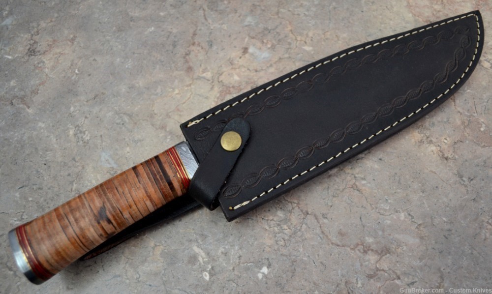 Custom Made Damascus Steel Hunting Bowie Knife with Leather Handle(BK 4064)-img-9