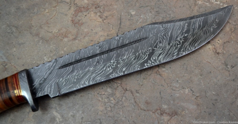 Custom Made Damascus Steel Hunting Bowie Knife with Leather Handle(BK 4064)-img-6