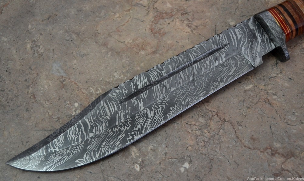 Custom Made Damascus Steel Hunting Bowie Knife with Leather Handle(BK 4064)-img-3
