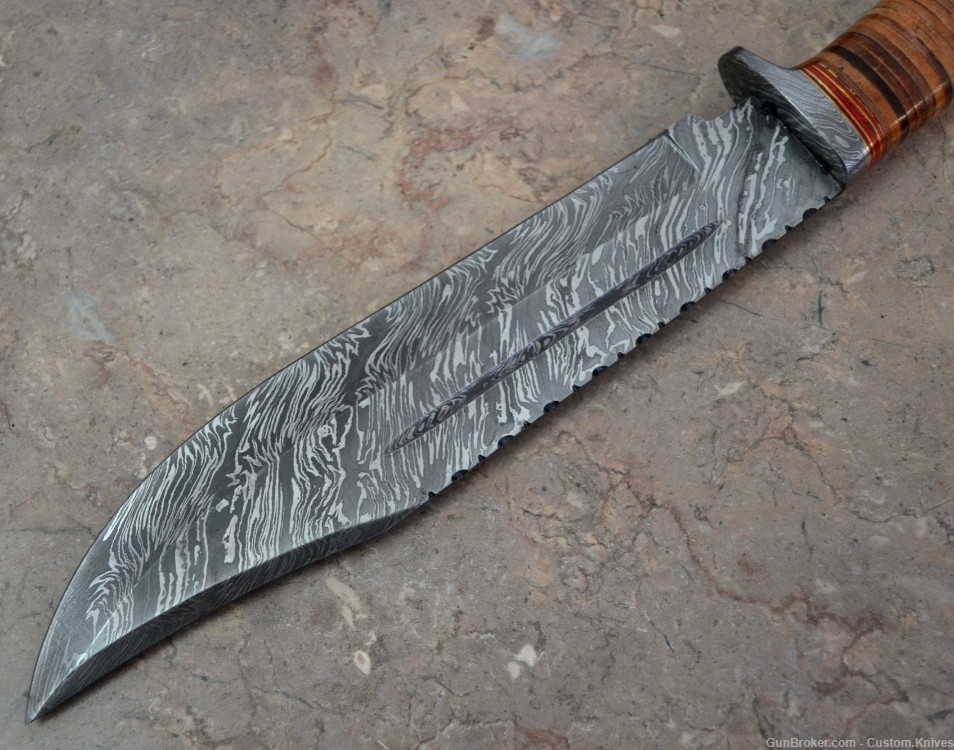 Custom Made Damascus Steel Hunting Bowie Knife with Leather Handle(BK 4064)-img-7