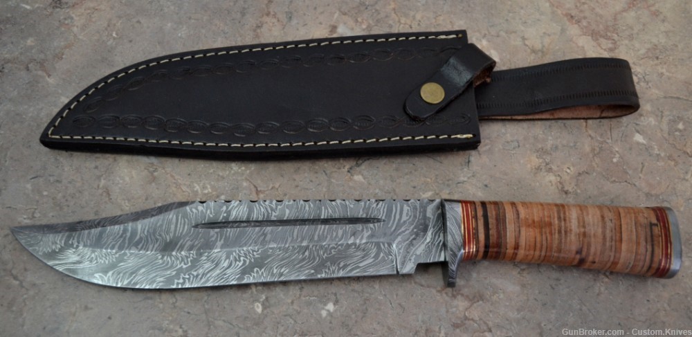 Custom Made Damascus Steel Hunting Bowie Knife with Leather Handle(BK 4064)-img-0