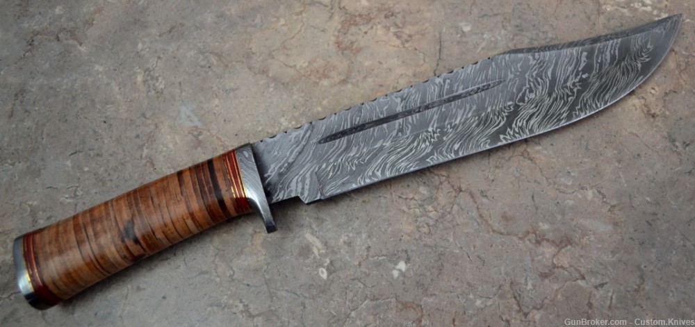 Custom Made Damascus Steel Hunting Bowie Knife with Leather Handle(BK 4064)-img-5