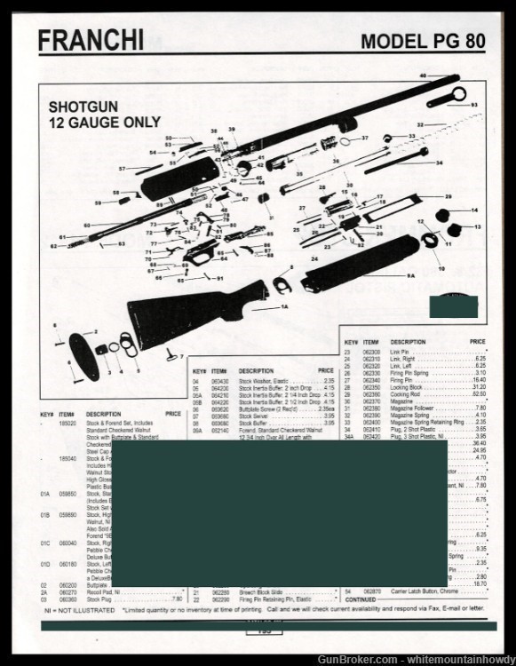 1999 FRANCHI PG80 12 gauge Shotgun Schematic Parts List AD-img-0