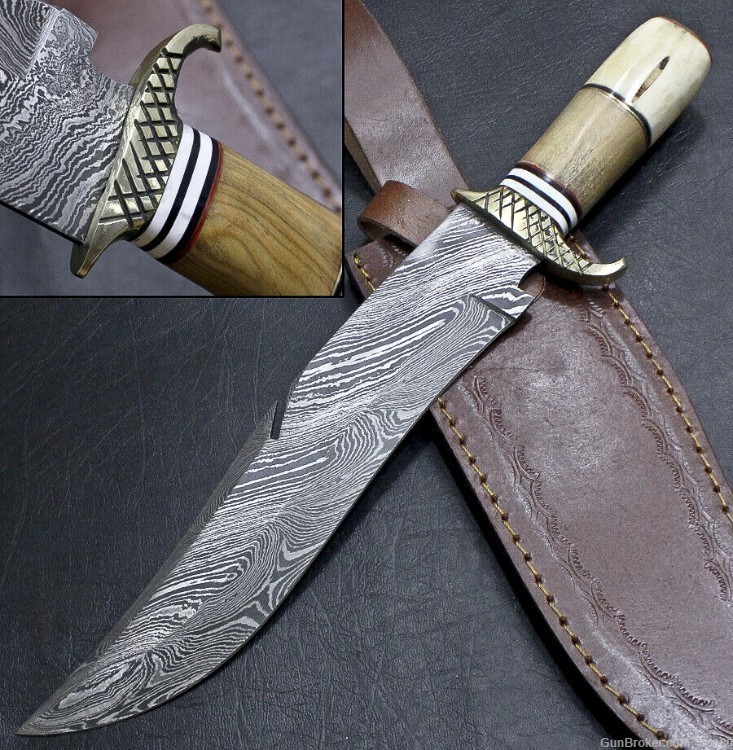 HAND MADE DAMASCUS BLADE BOWIE HUNTING 13.5 INCH KNIFE CAMEL BONE 1720-img-0
