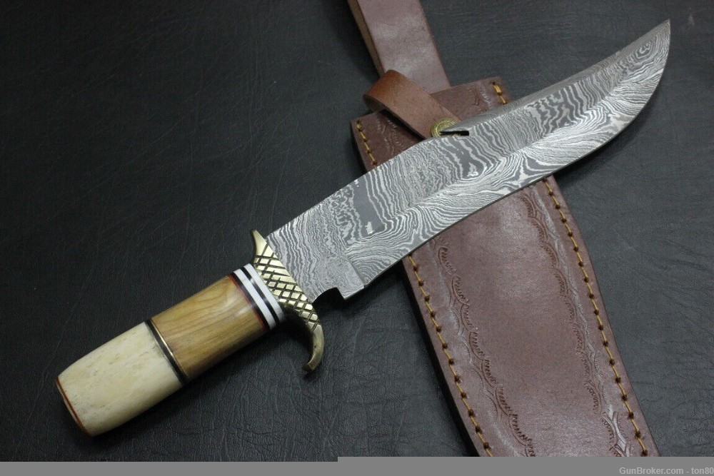 HAND MADE DAMASCUS BLADE BOWIE HUNTING 13.5 INCH KNIFE CAMEL BONE 1720-img-1